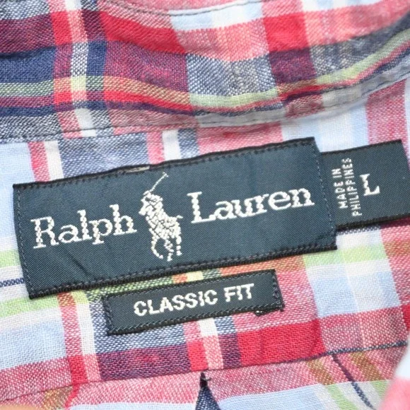 Polo Ralph Lauren Dress Shirt 100% Linen Plaid Classic Fit Long Sleeve Men Large - Picture 7 of 10